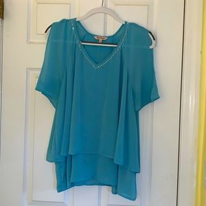 Juicy Coutour cold shoulder, layered hem top